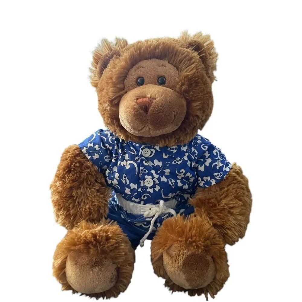 Build-A-Bear Workshop Brown Blue White Shaggy Fur Bear Plush Stuffed Animal 14"